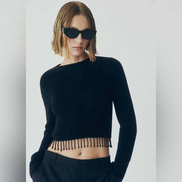 Mango beaded ribbed fringe sweater XS - Picture 4 of 5